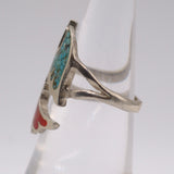Vintage Sterling Turquoise and Coral Thunderbird Ring 4.75