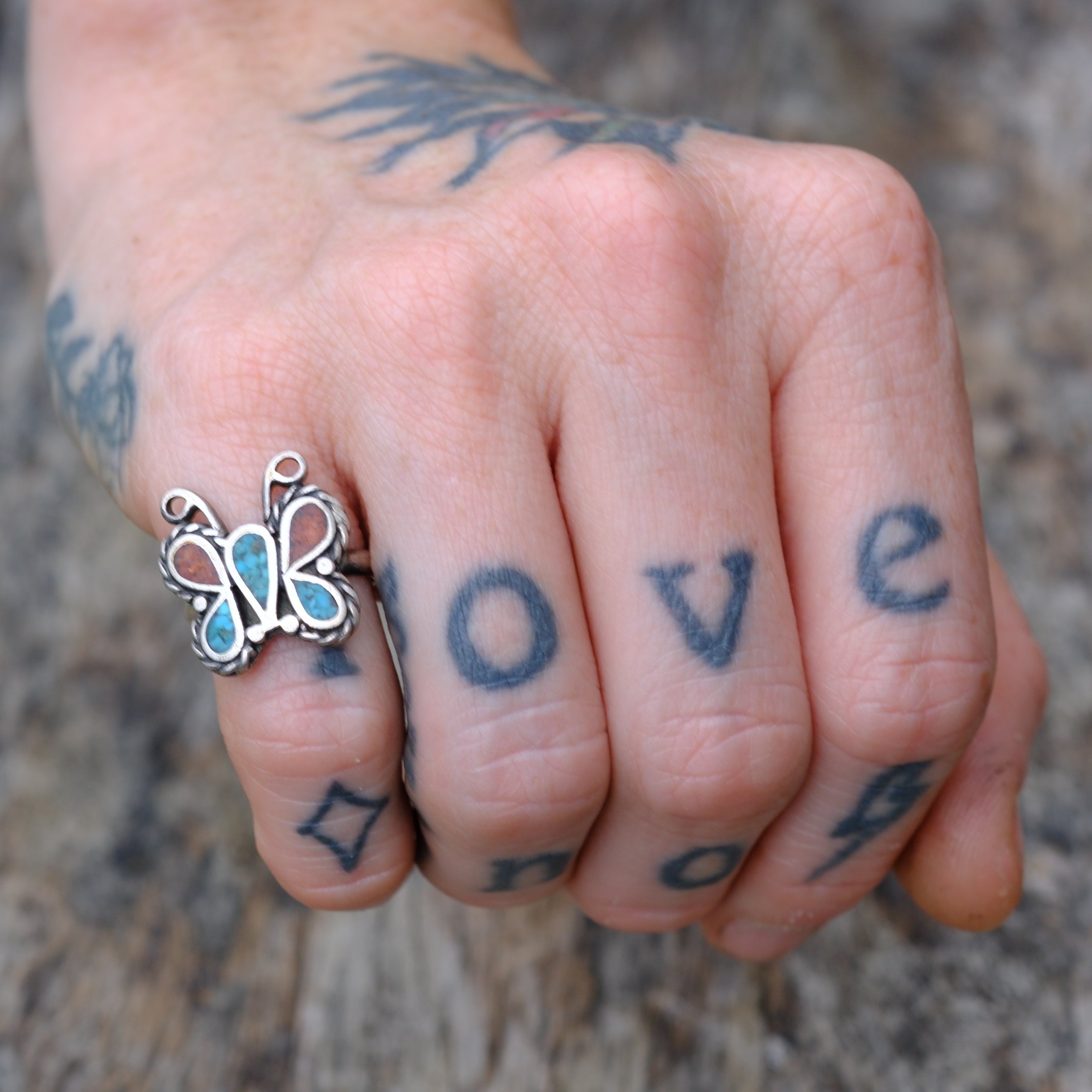 Vintage Sterling Turquoise and Coral Butterfly Ring 4.25