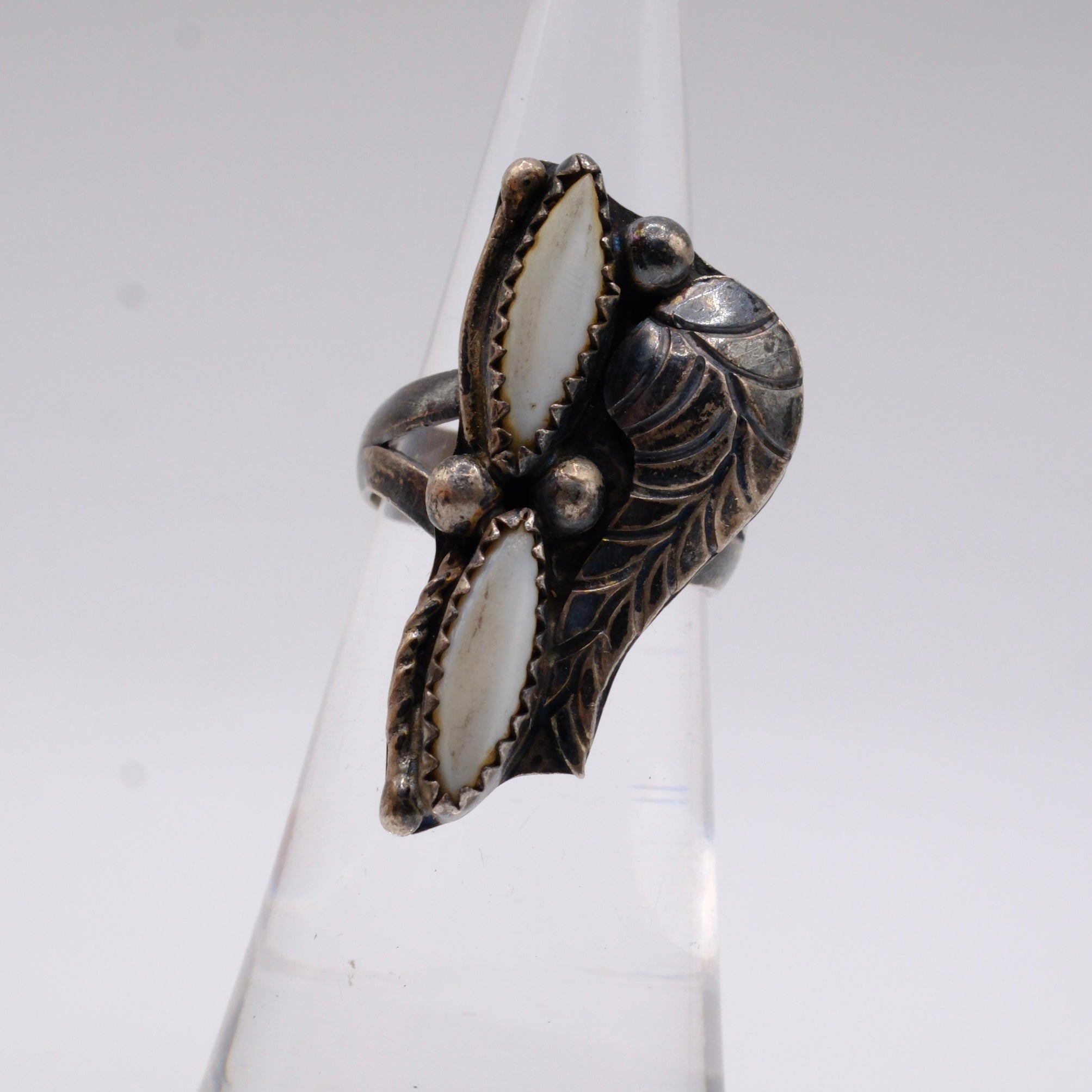 Vintage Sterling 2-Stone Mother Of Pearl Ring 3.25