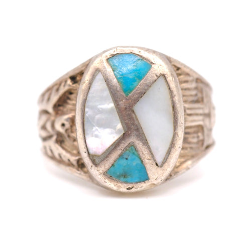 Vintage Sterling Turquoise and Mother Of Pearl Thunderbird Ring 7.5