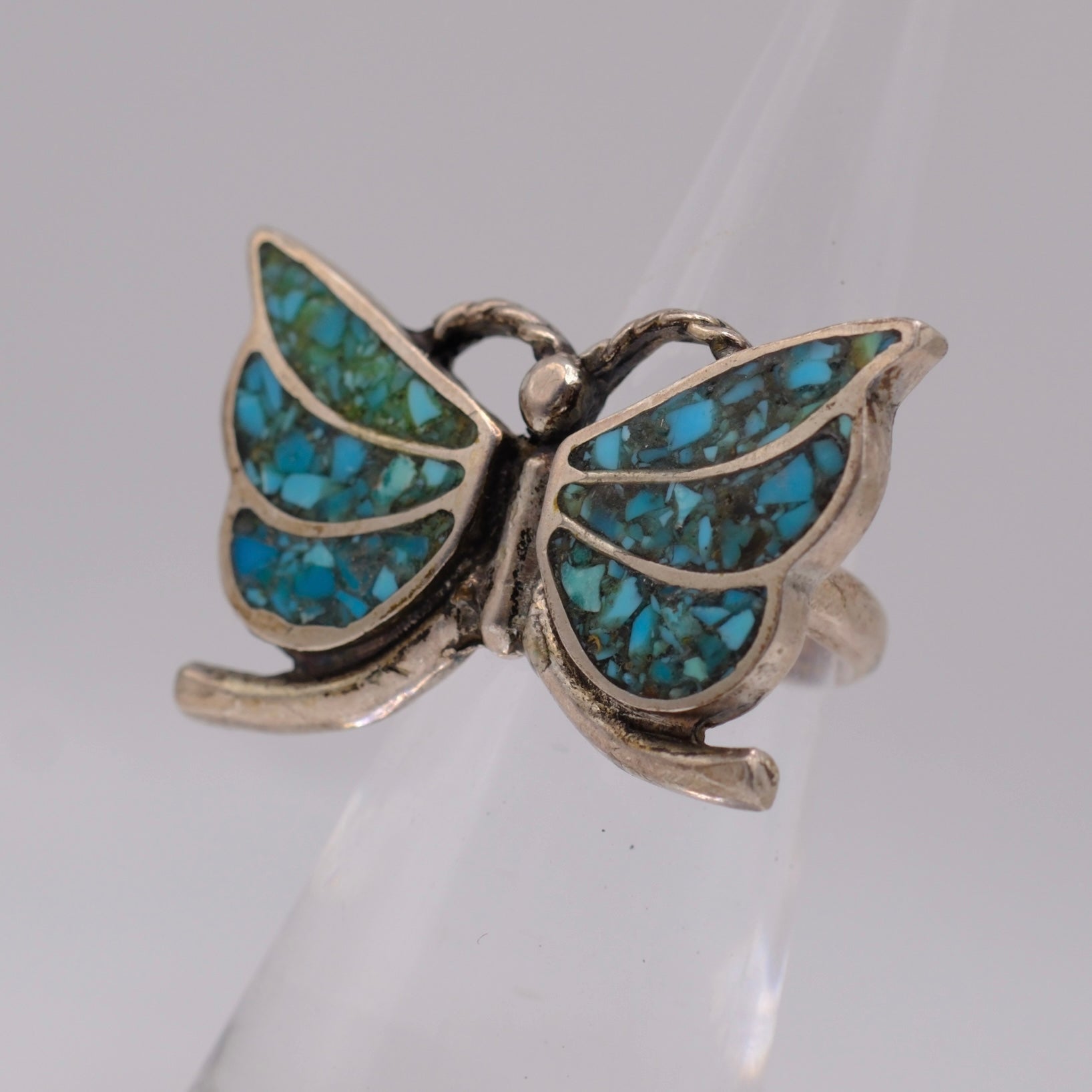 Vintage Sterling Crushed Turquoise Inlay Ring 4.25