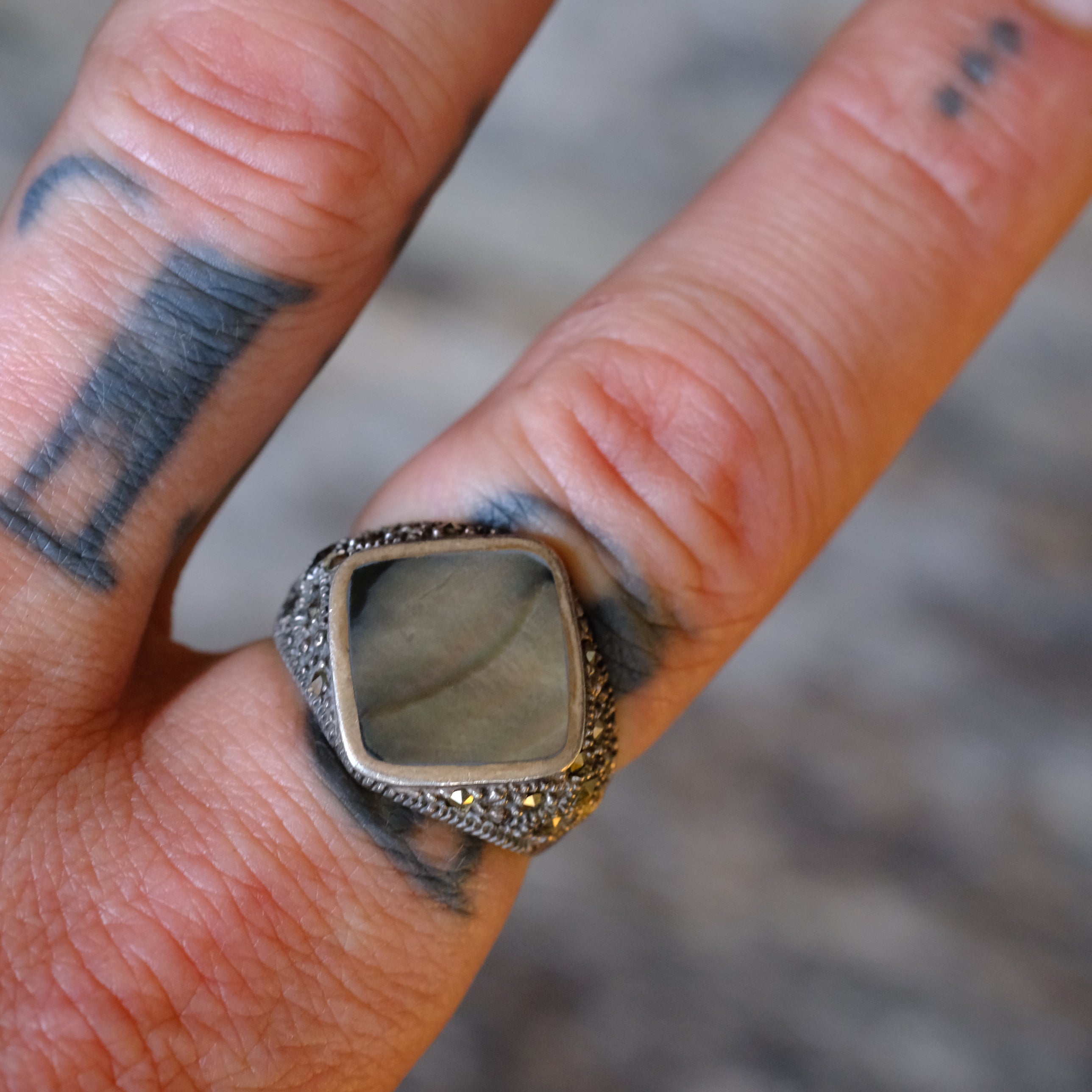 Vintage Sterling Abalone and Marcosite Signet Ring 8.75