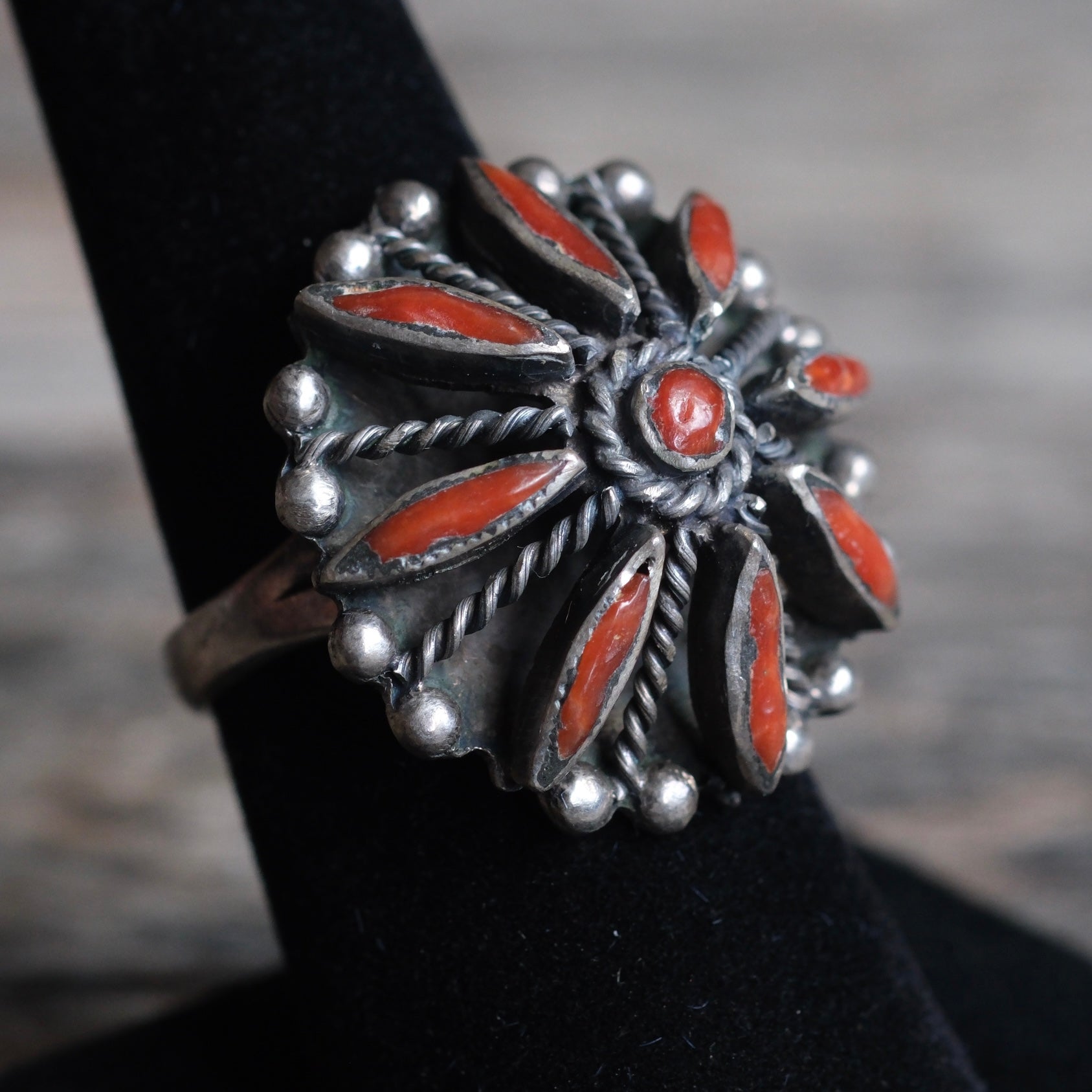 Vintage Sterling Coral Cluster Ring 7.5