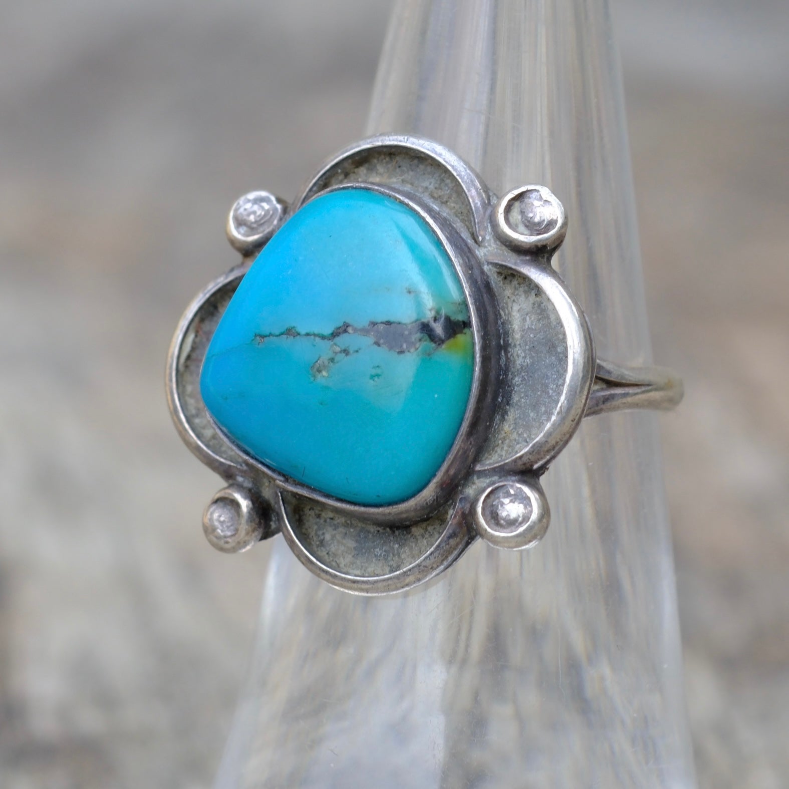 Vintage Sterling Turquoise Florette Ring 6