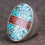 Vintage Sterling Crushed Turquoise and Coral Inlay Ring 10.25