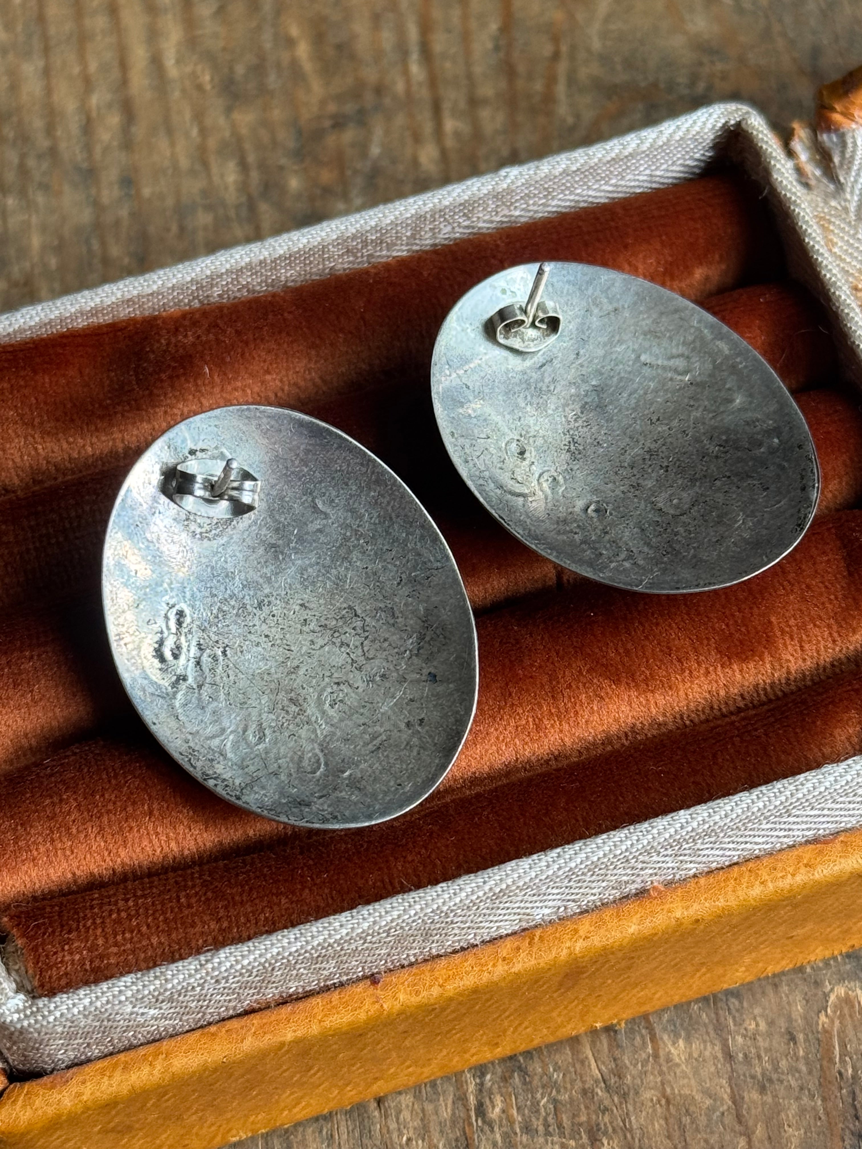 Vintage Sterling Silver Onyx Stamped Concho Earrings