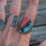 Chunky Vintage Sterling Turquoise and Coral Ring 11.75