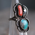 Vintage Sterling Turquoise and Coral Feather Ring 3.75