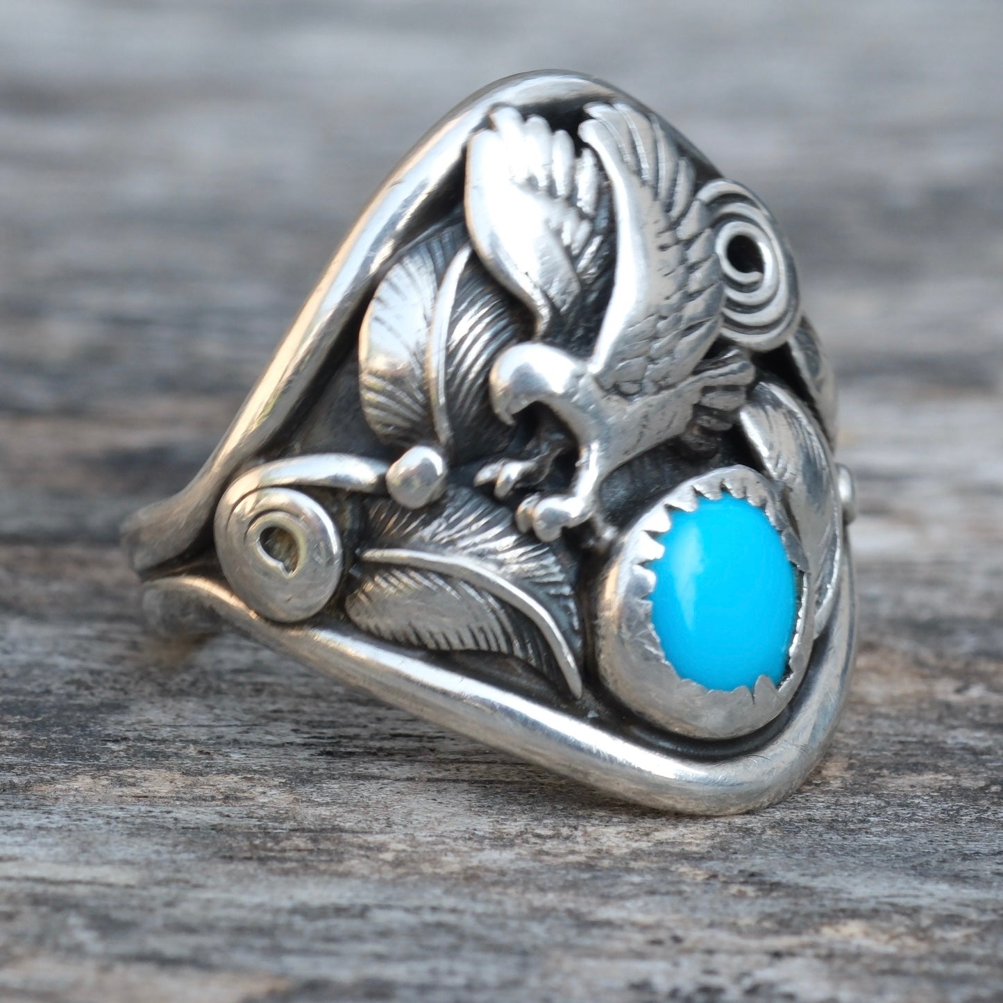 Vintage Sterling Turquoise Eagle Ring 9.5