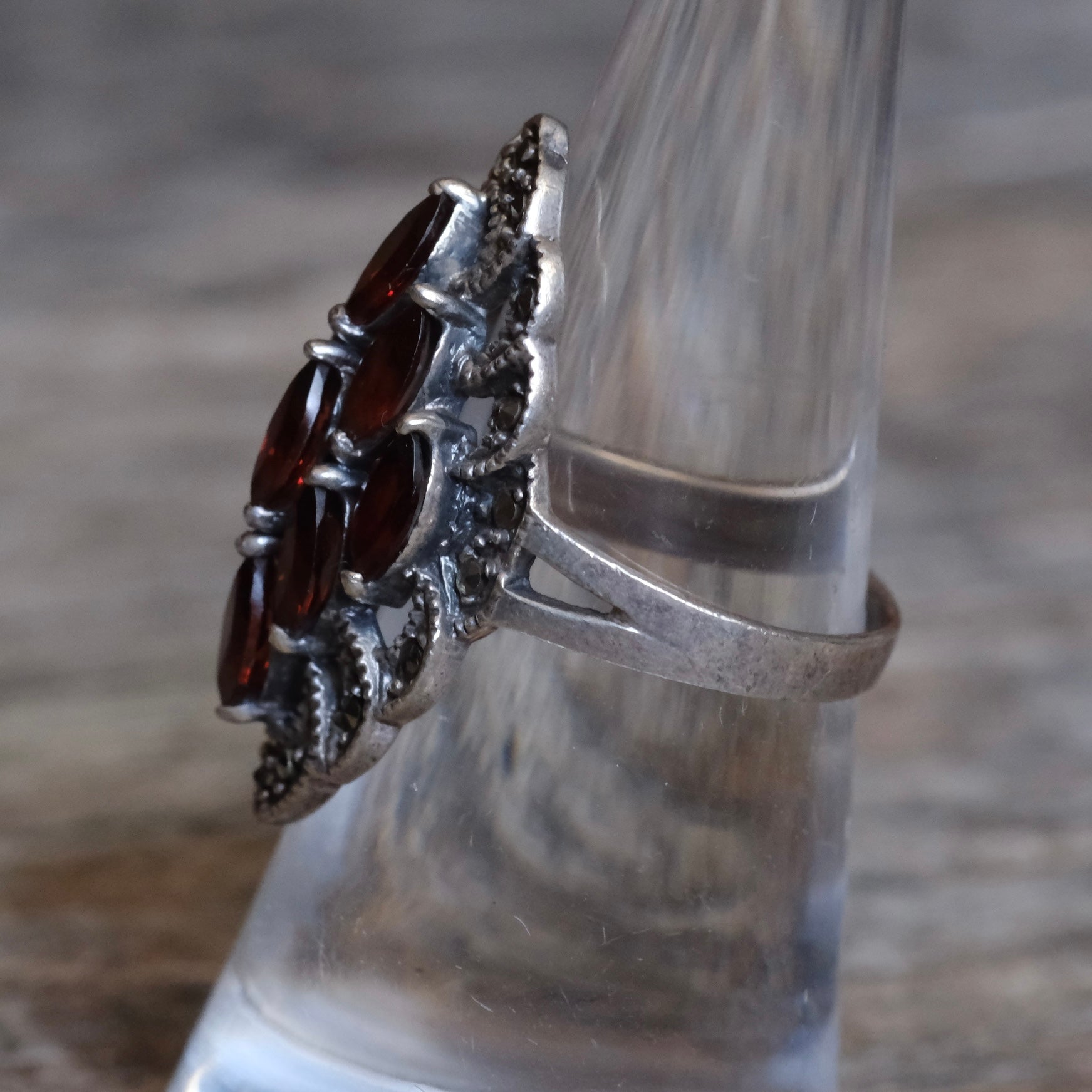 Vintage Sterling Red Glass Marcasite Ring 6.5