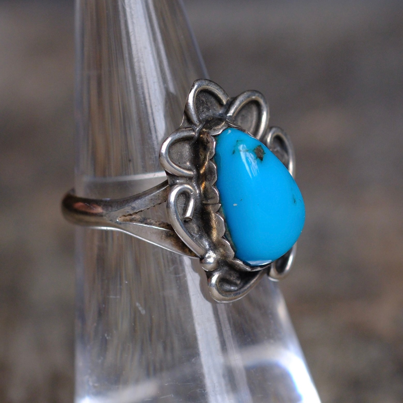 Vintage Sterling Turquoise Florette Ring 5.25