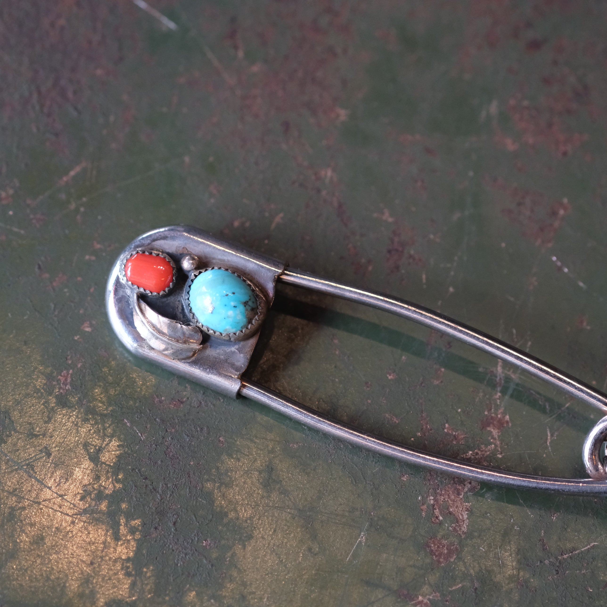 Vintage Turquoise and Coral Safety Pin Keychain 3"