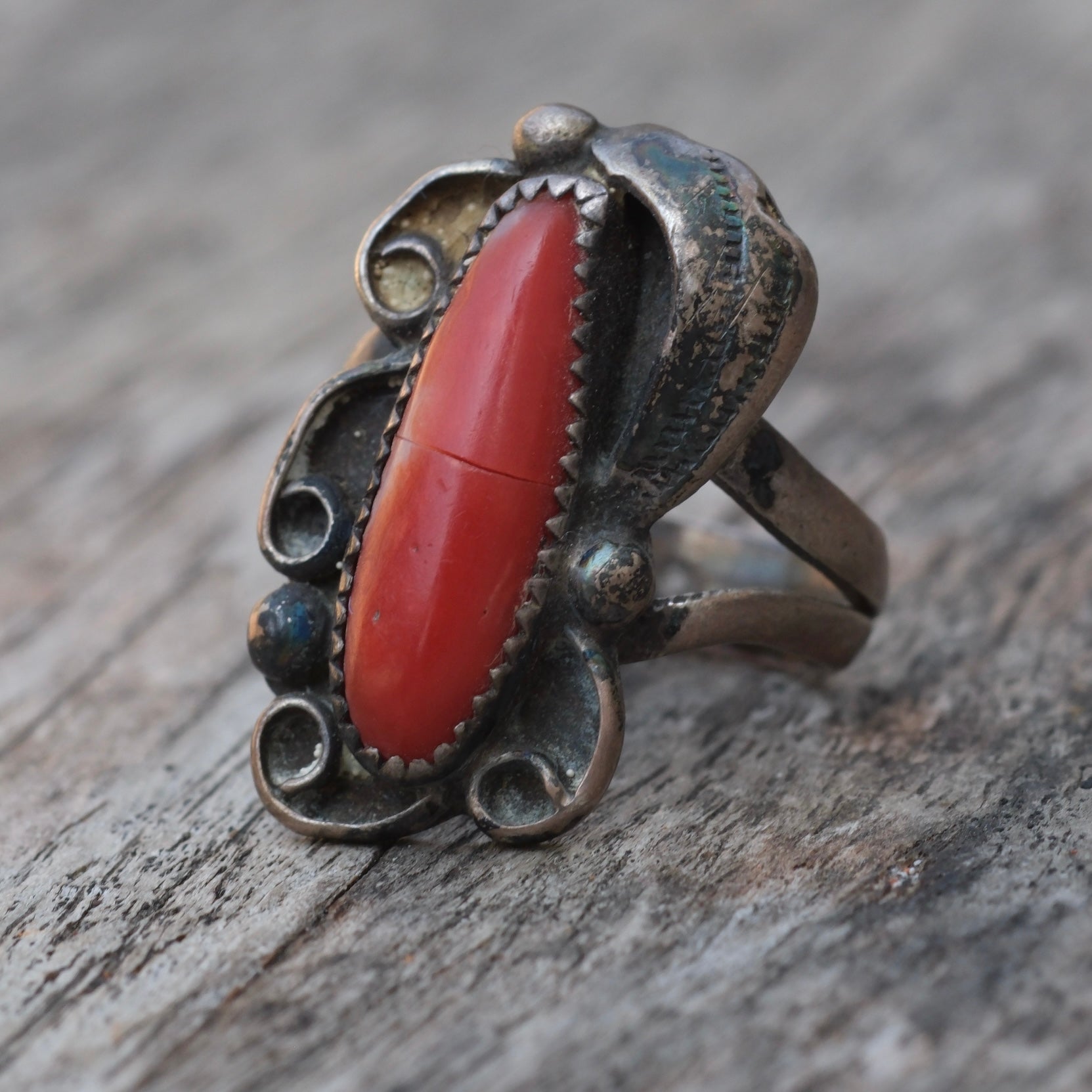 Vintage Sterling Coral Feather Ring 6