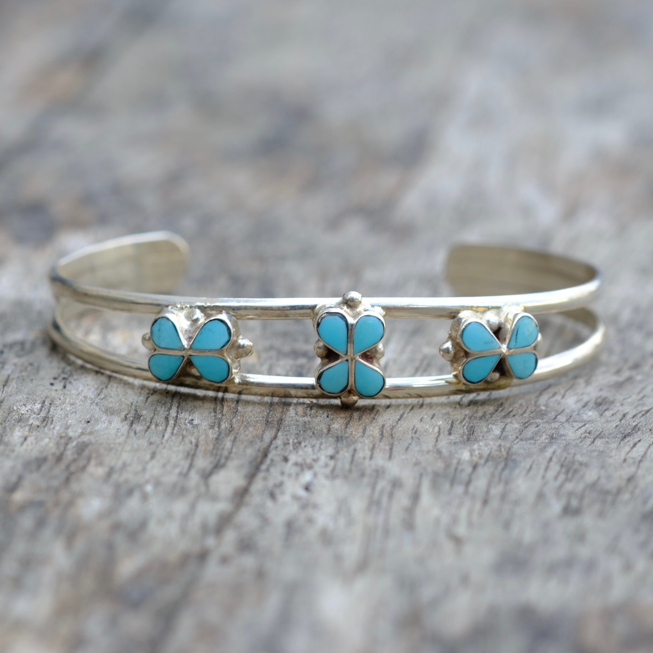 Vintage Sterling Turquoise Inlay Flower Cuff Bracelet