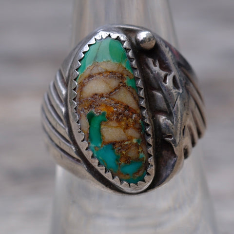Vintage Sterling Turquoise Ribbed Band Ring 7.75