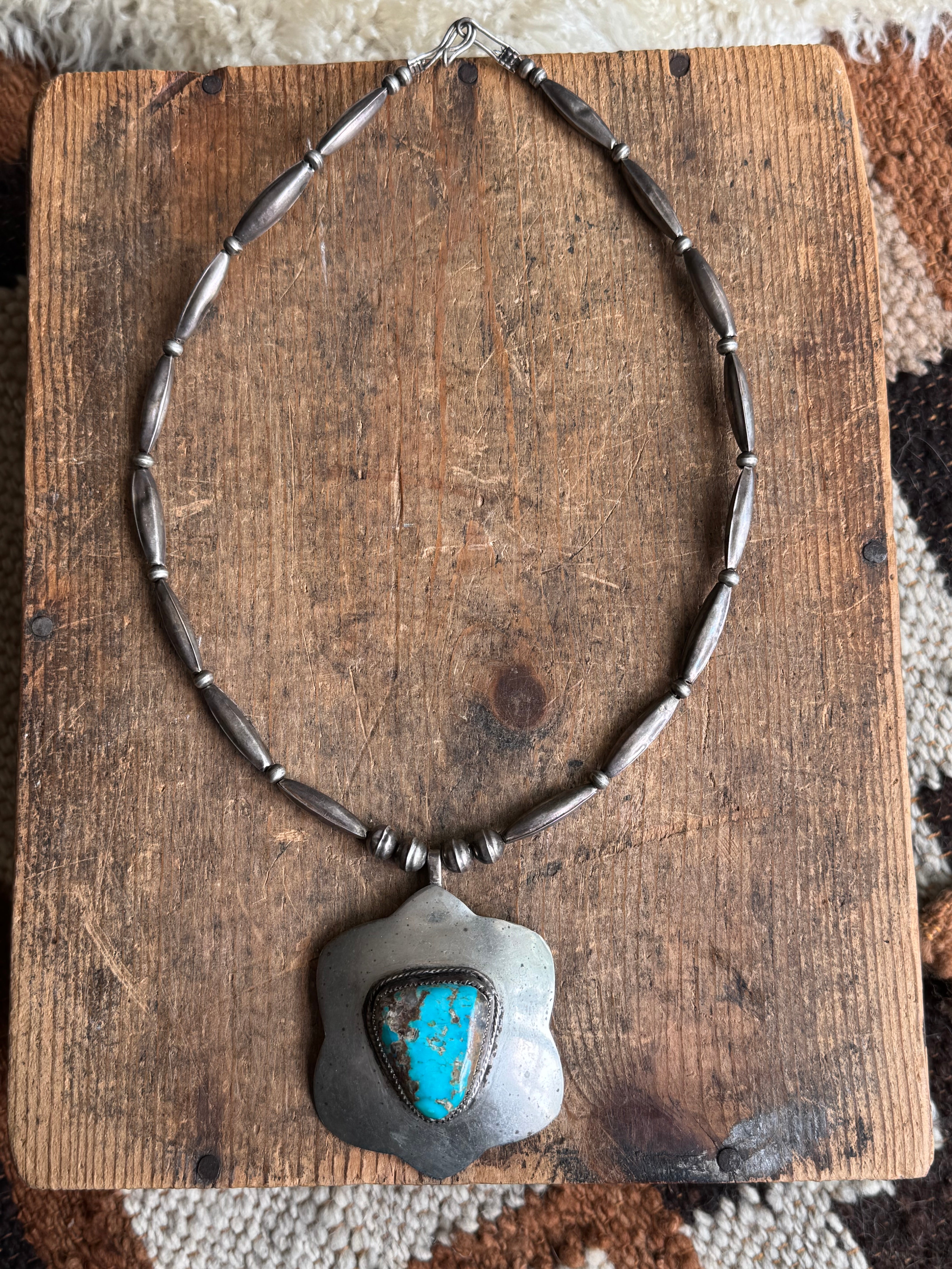 Vintage Turquoise Flower & Sterling Bead Necklace