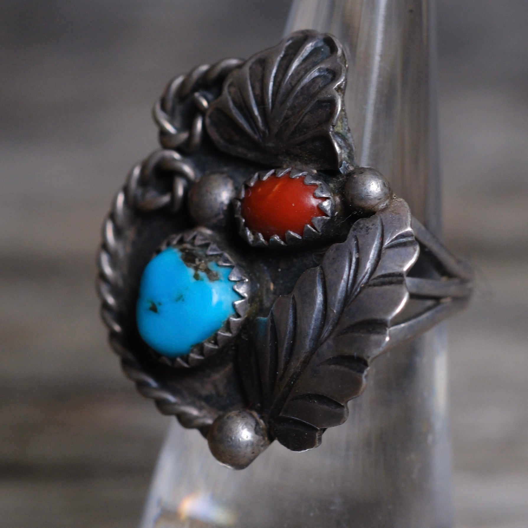 Vintage Sterling Turquoise and Coral Feather Ring 5.25