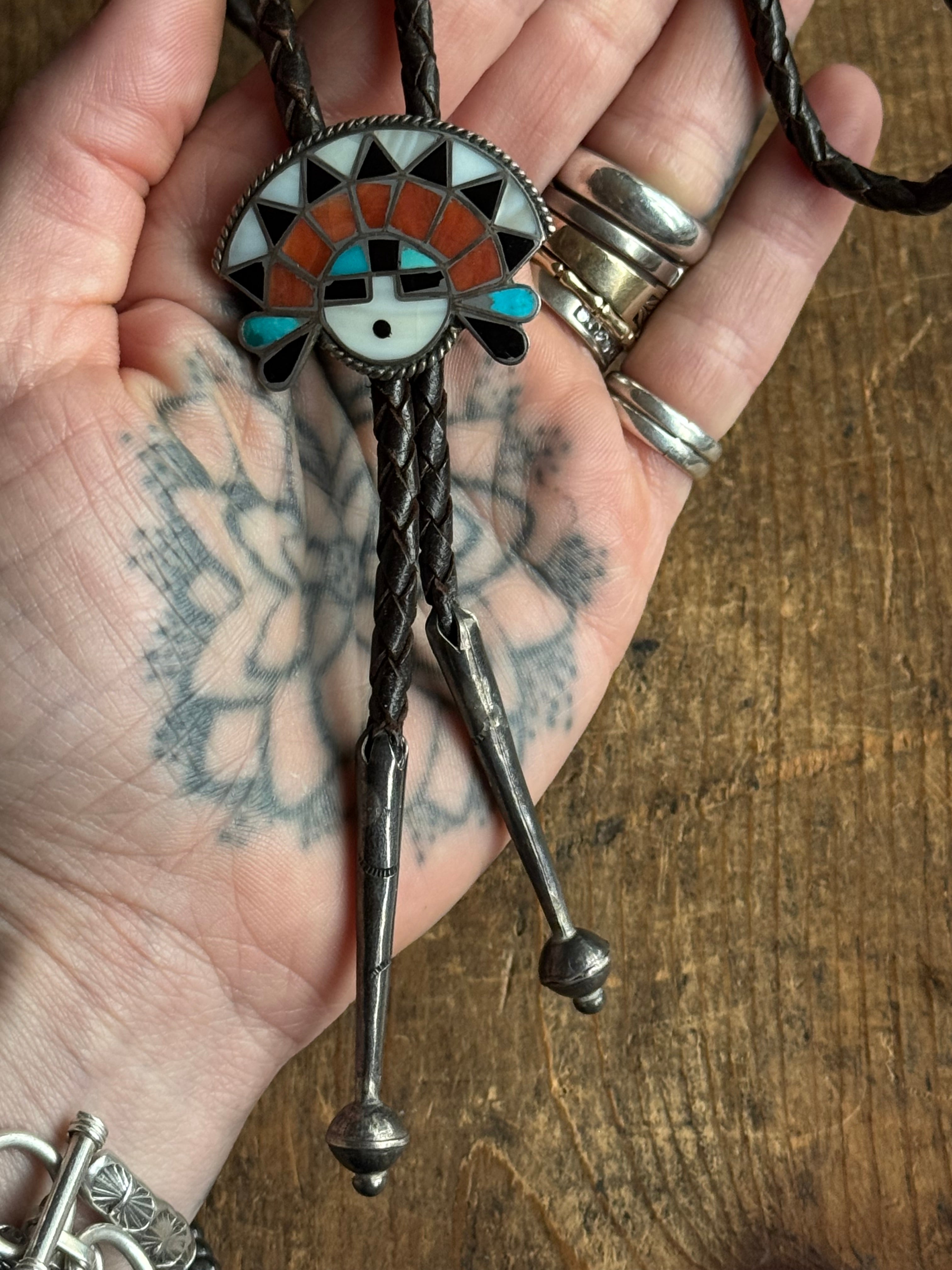 Vintage Sterling Silver Multistone Inlay Warrior Bolo