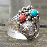 Vintage Sterling Turquoise and Coral Buffalo Ring 14