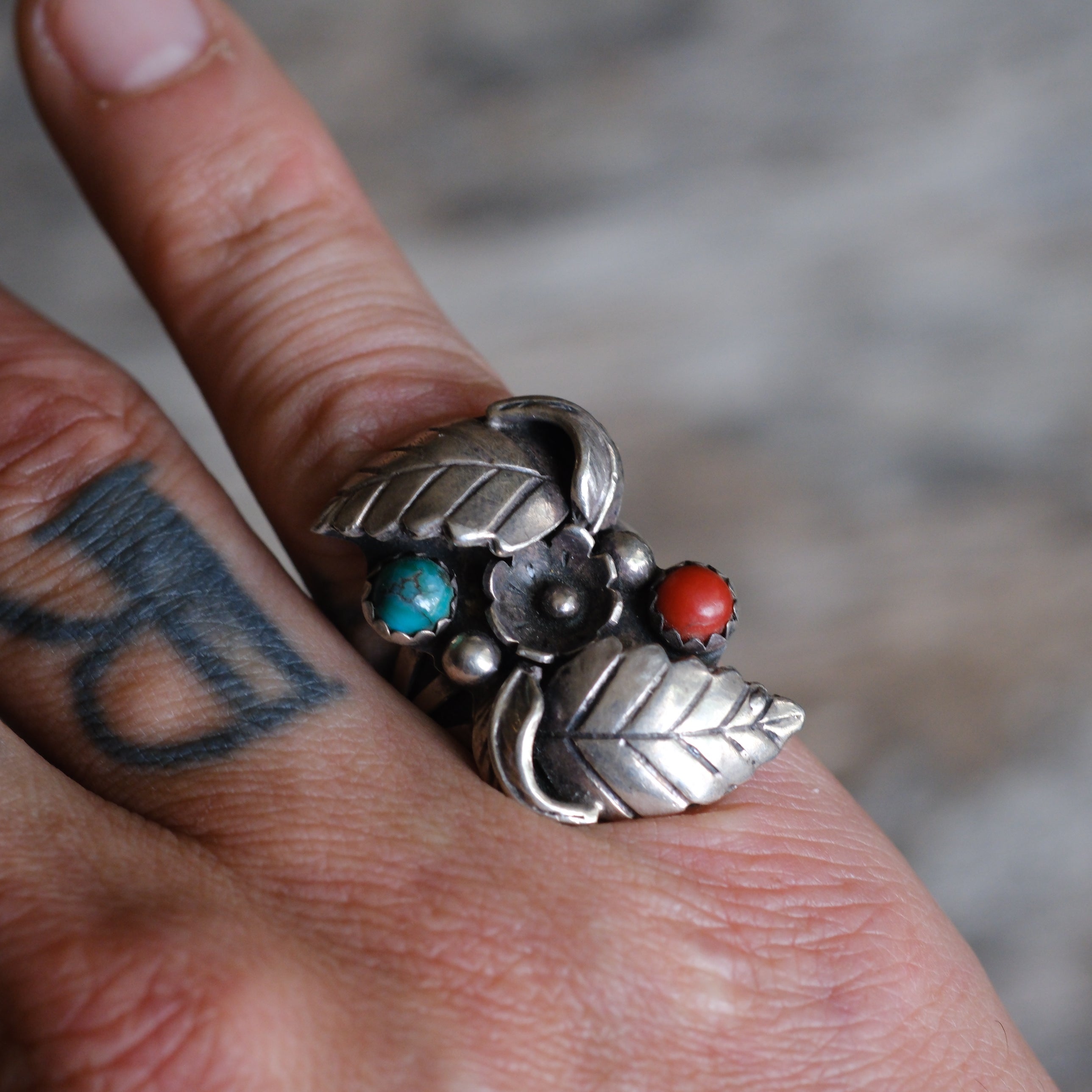 Vintage Sterling Turquoise and Coral Feather Ring 6.5