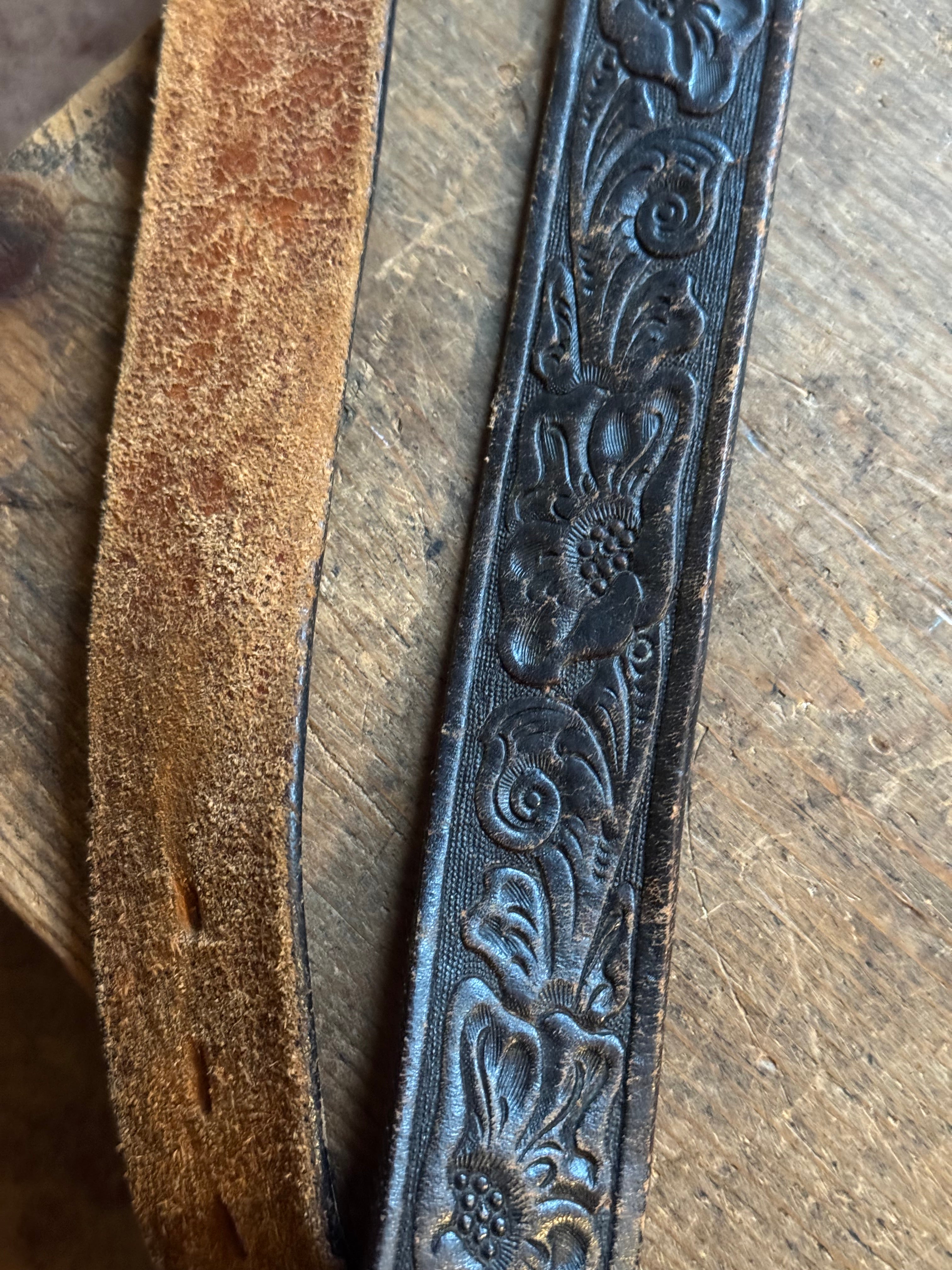 Vintage Dark Brown Flower Tooled Leather Belt