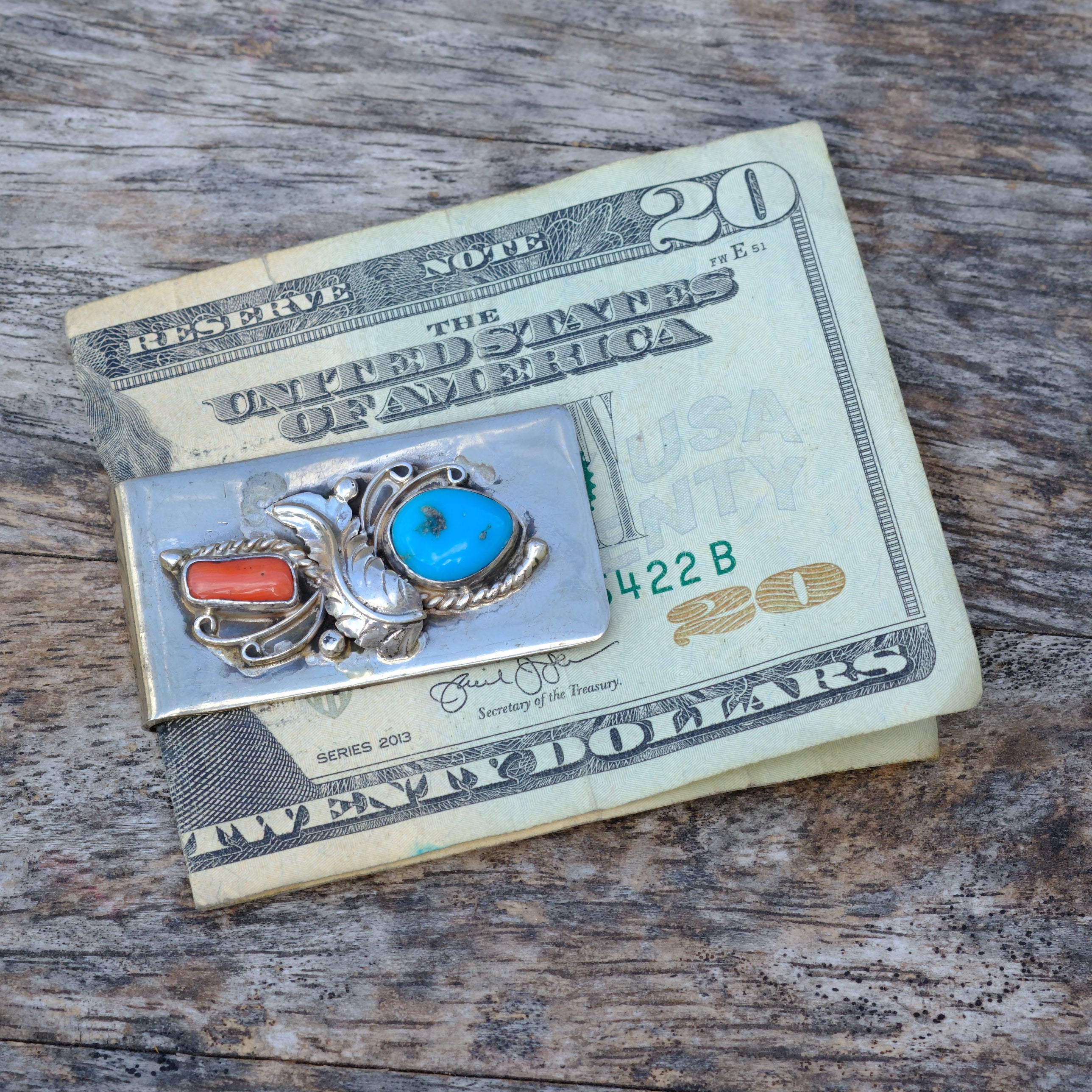 Vintage Turquoise and Coral Feather Money Clip