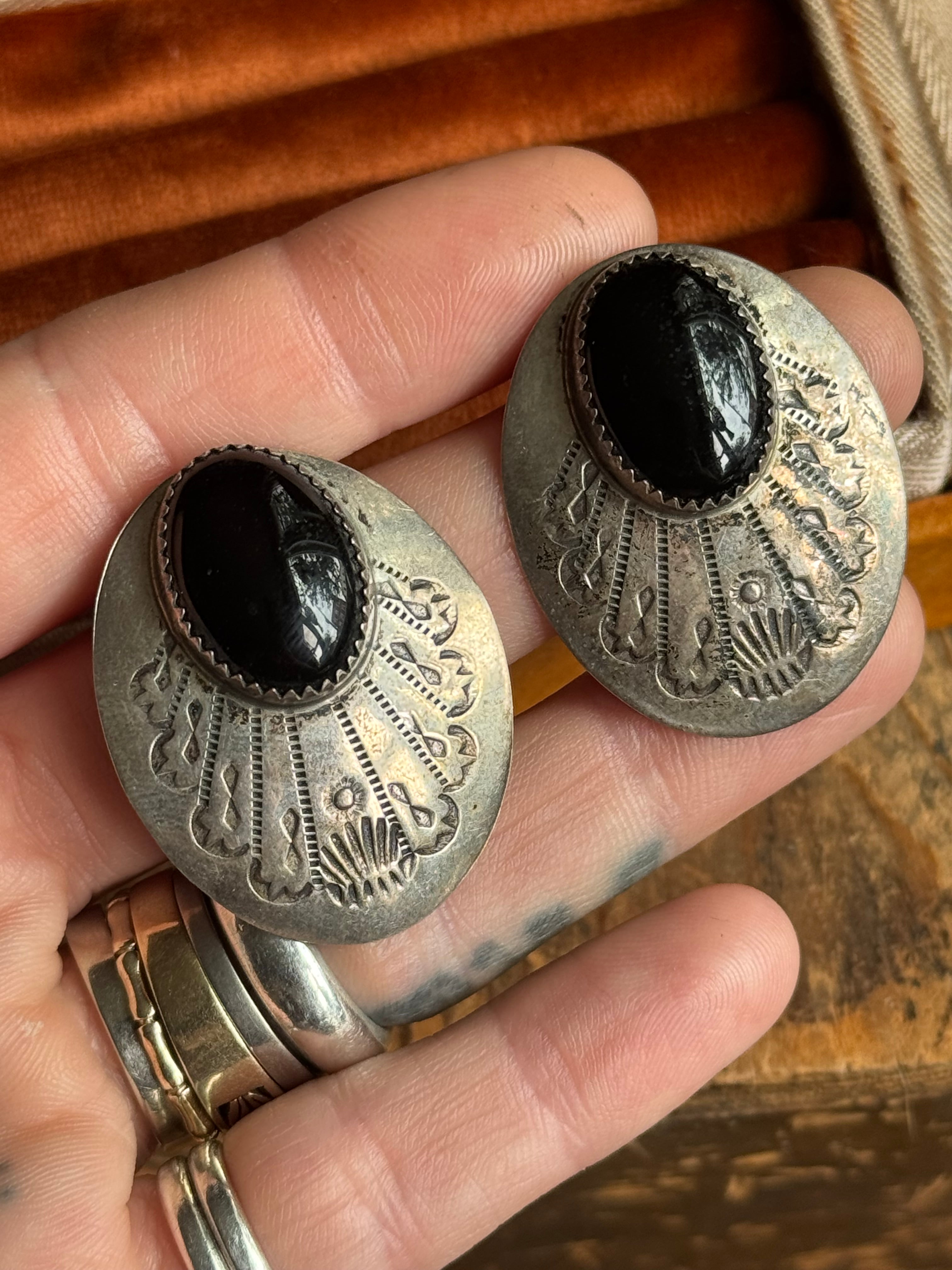 Vintage Sterling Silver Onyx Stamped Concho Earrings