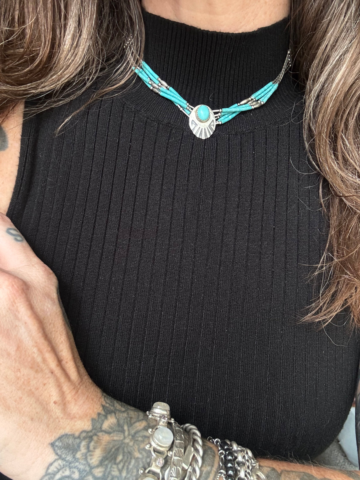 Vintage Sterling Silver Turquoise & Liquid Silver Beaded Concho Choker Necklace