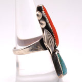 Vintage Sterling Turquoise and Coral Feather Ring 8.75