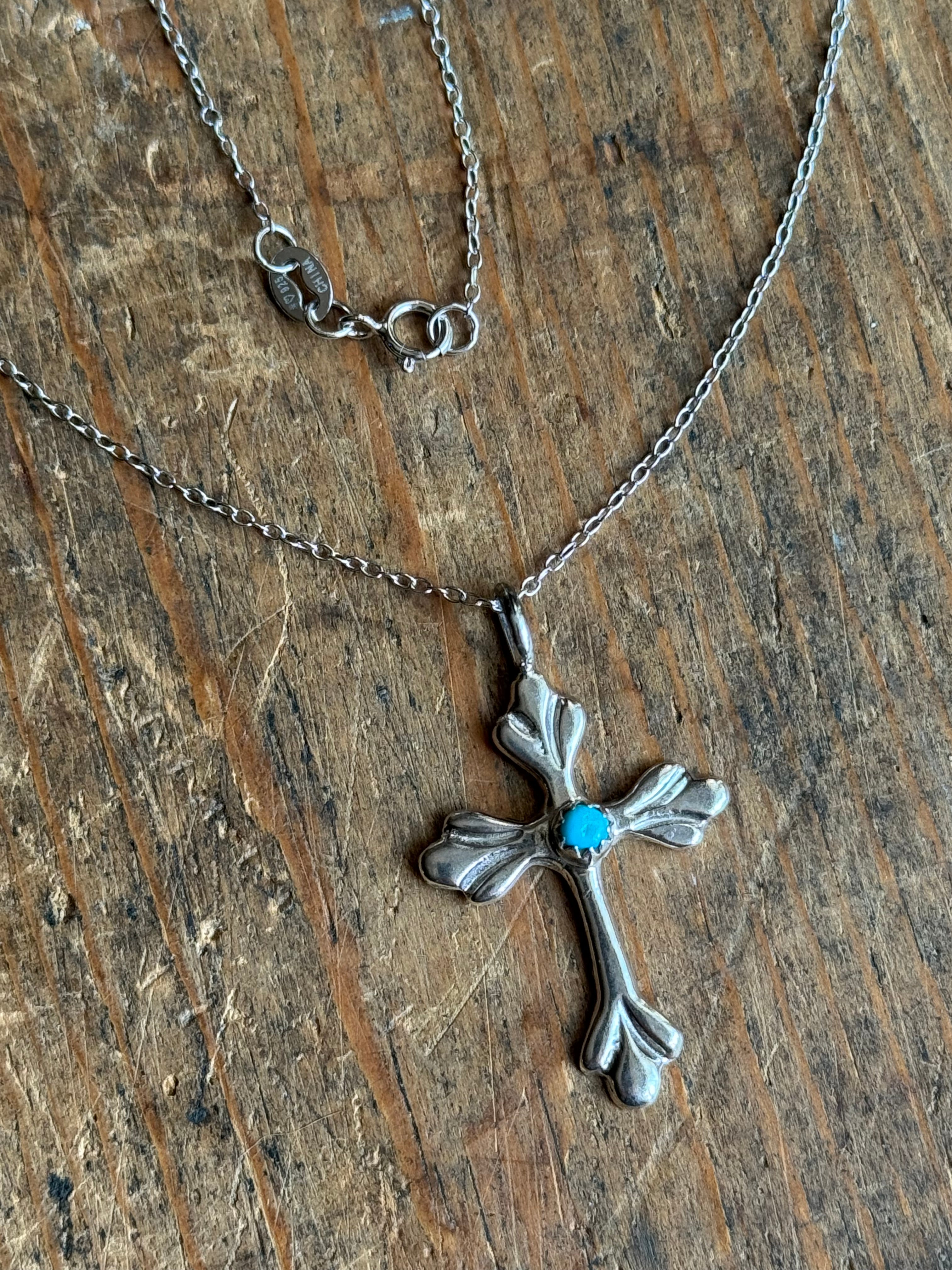Vintage Sterling Silver Turquoise Cross 18" Necklace