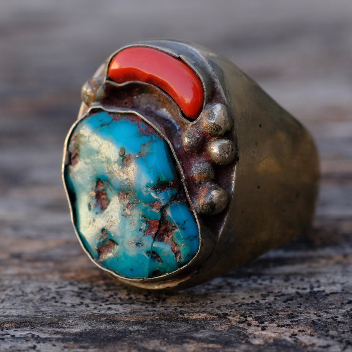 Vintage Sterling Turquoise and Coral Ring 12.5