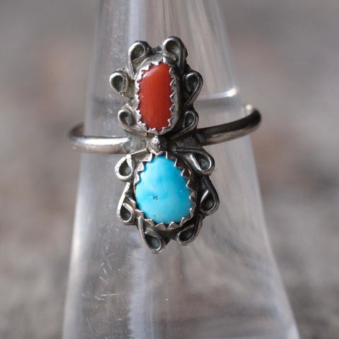 Vintage Sterling Turquoise and Coral Ring 6.5