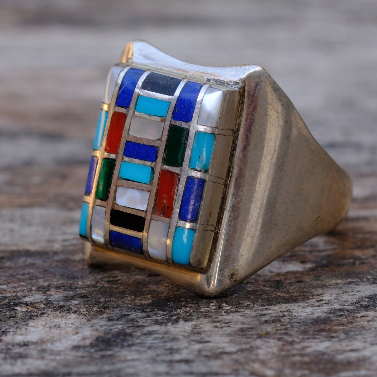 Vintage Sterling Multi Stone Inlay Panel Ring 8.75