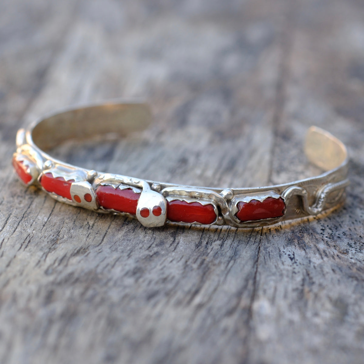 Vintage Sterling Coral Snake Cuff Bracelet