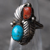 Vintage Sterling Turquoise and Coral Feather Ring 5.75