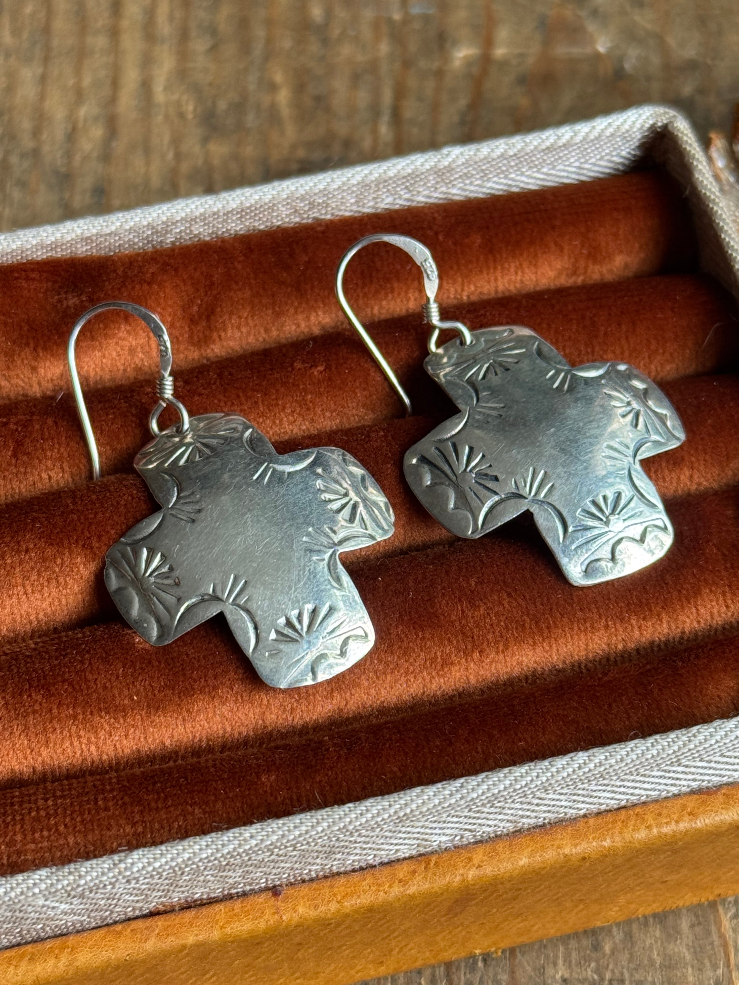 Vintage Sterling Silver Stamped Southwestern Cross Earrings