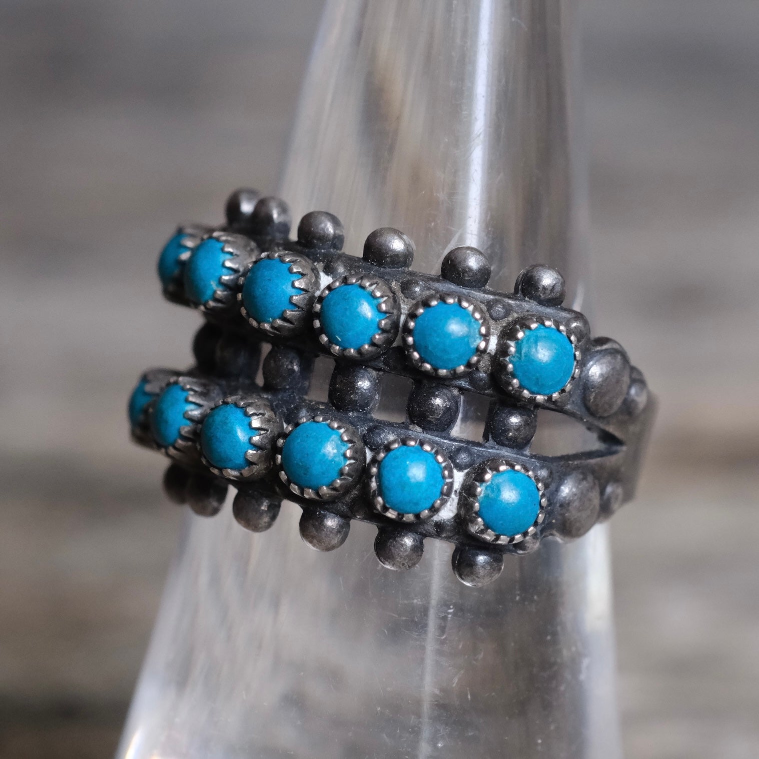 Vintage Sterling Snake Eye Turquoise Double Row Ring 6.25