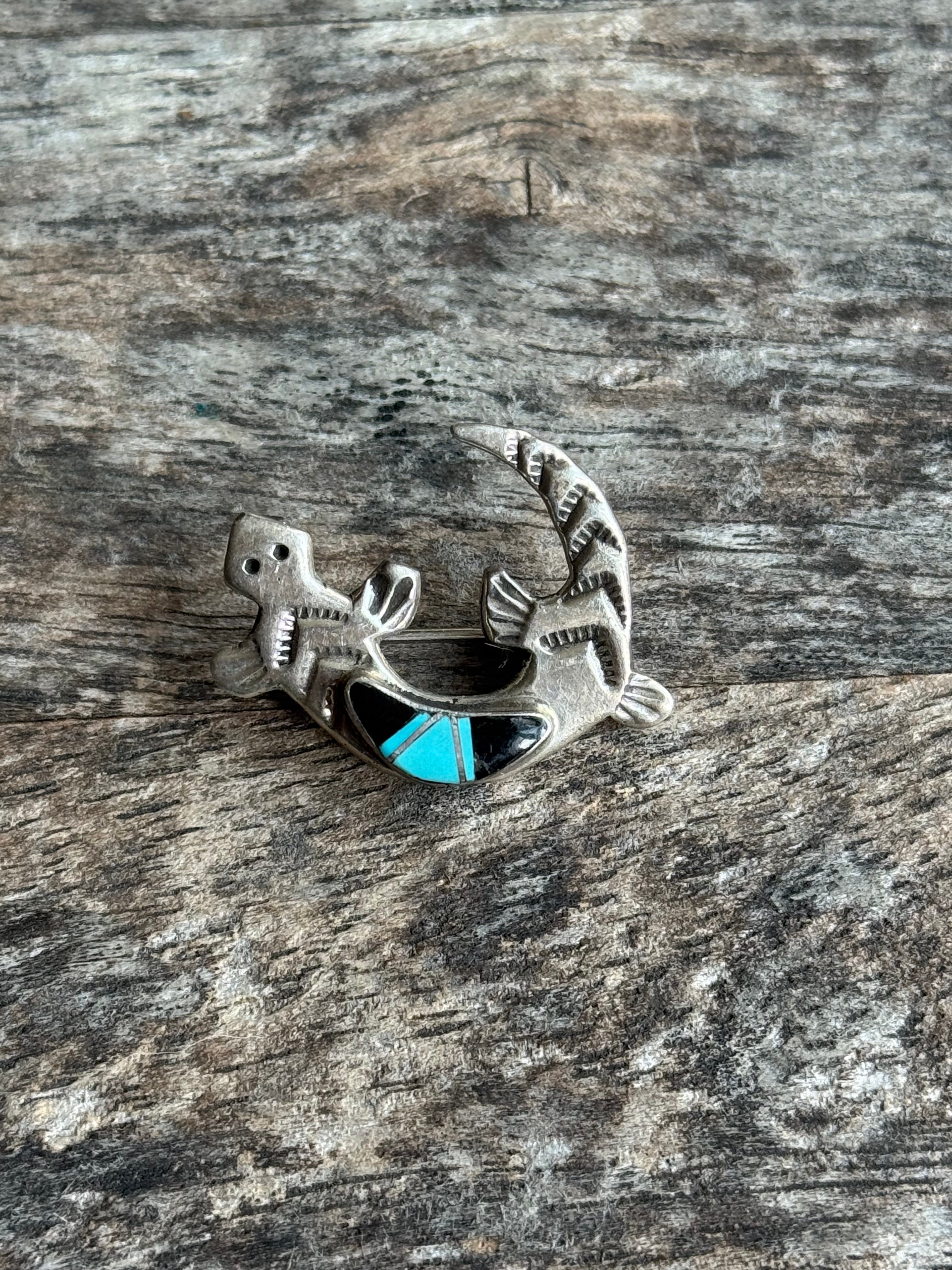Vintage Sterling Silver Only & Turquoise Inlay Gecko Pin