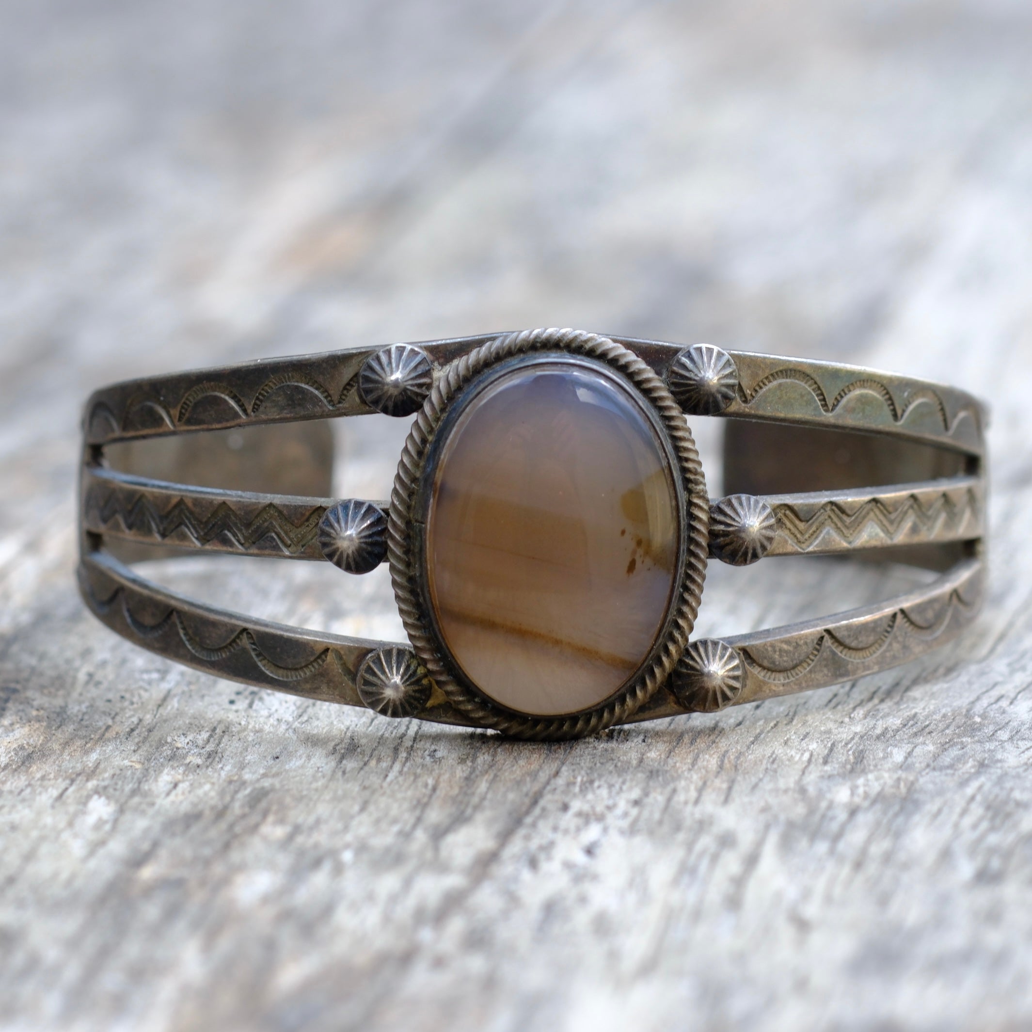 Vintage Sterling Silver Agate Stamped Cuff Bracelet
