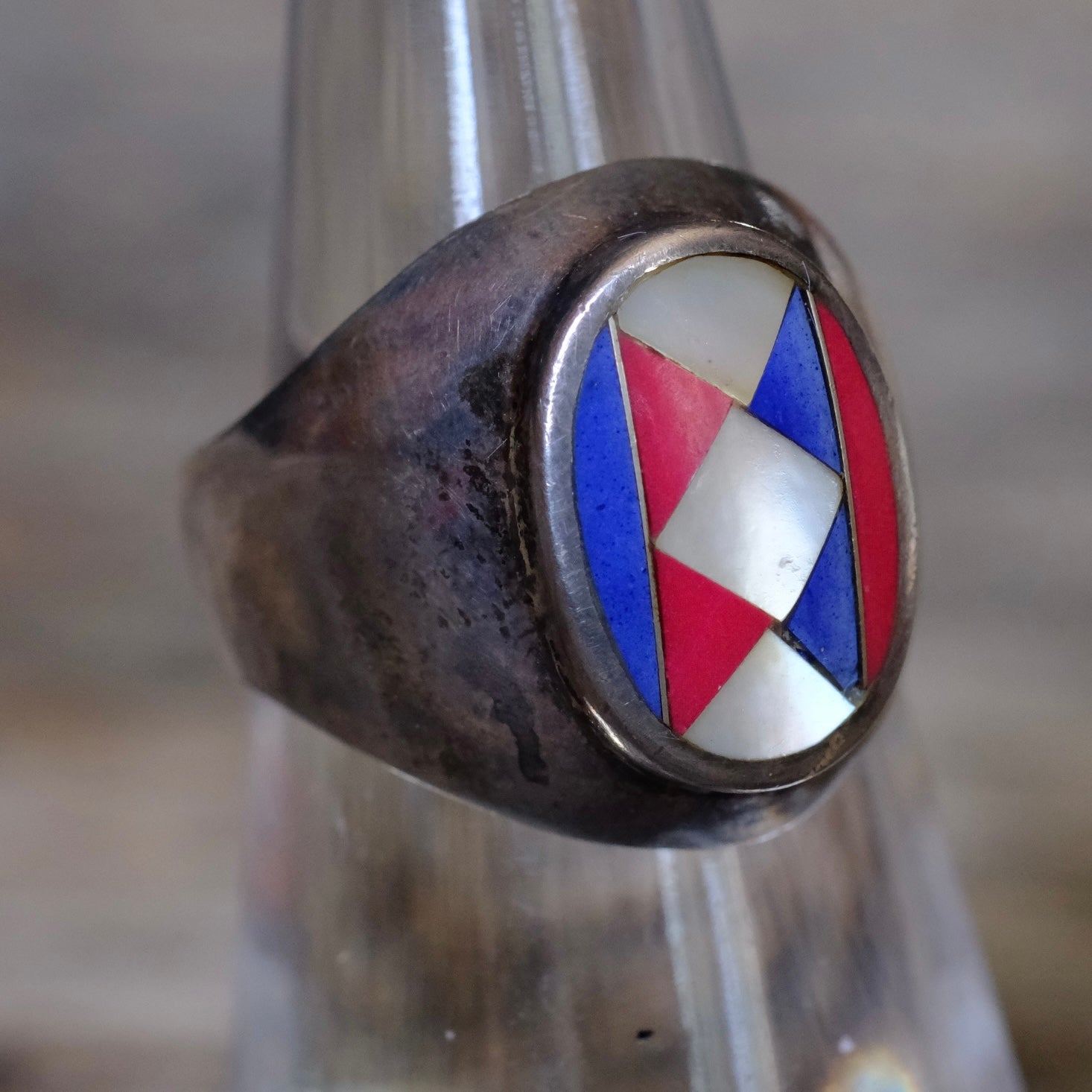 Vintage Sterling Multistone Inlay Ring 6