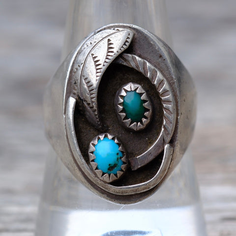 Vintage Sterling 2-Stone Turquoise Feather Ring 9.75