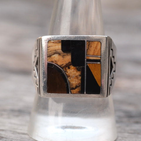 Vintage Sterling Tigers Eye and Onyx Inlay Ring 10
