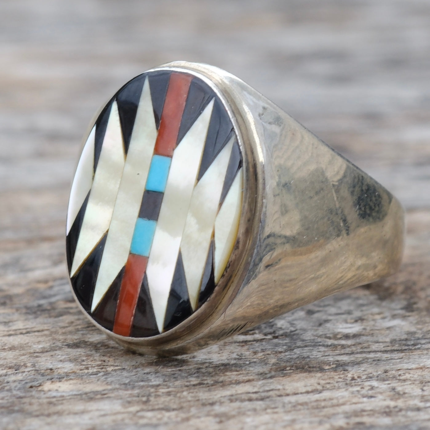 Vintage Sterling Zuni Inlay Ring 10.75