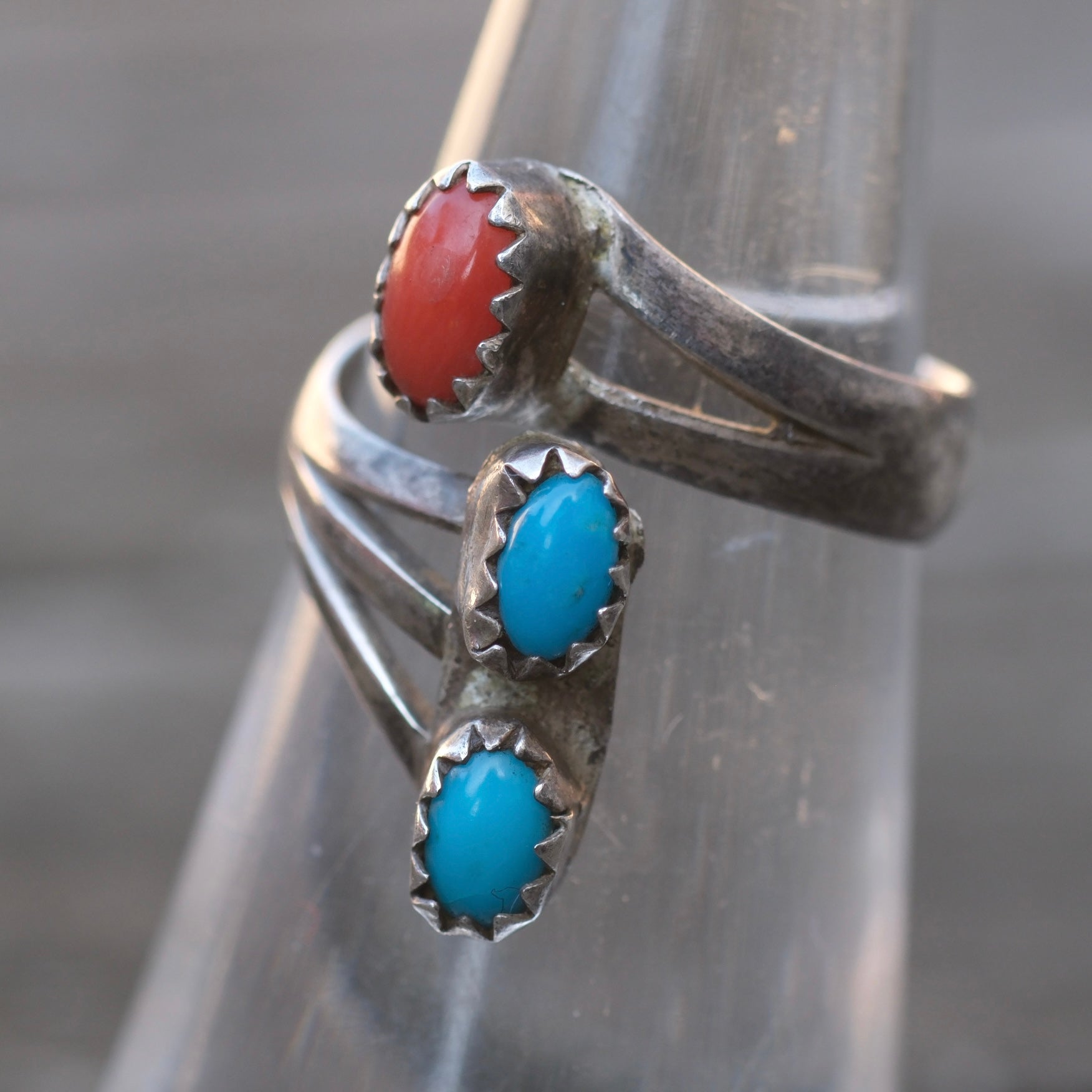 Vintage Sterling Turquoise and Coral Ring 4.5