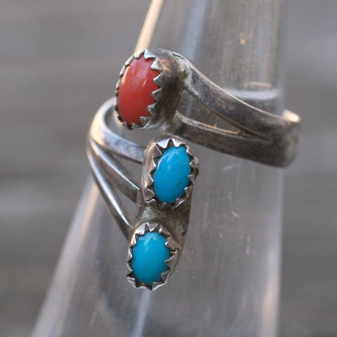 Vintage Sterling Turquoise and Coral Ring 4.5