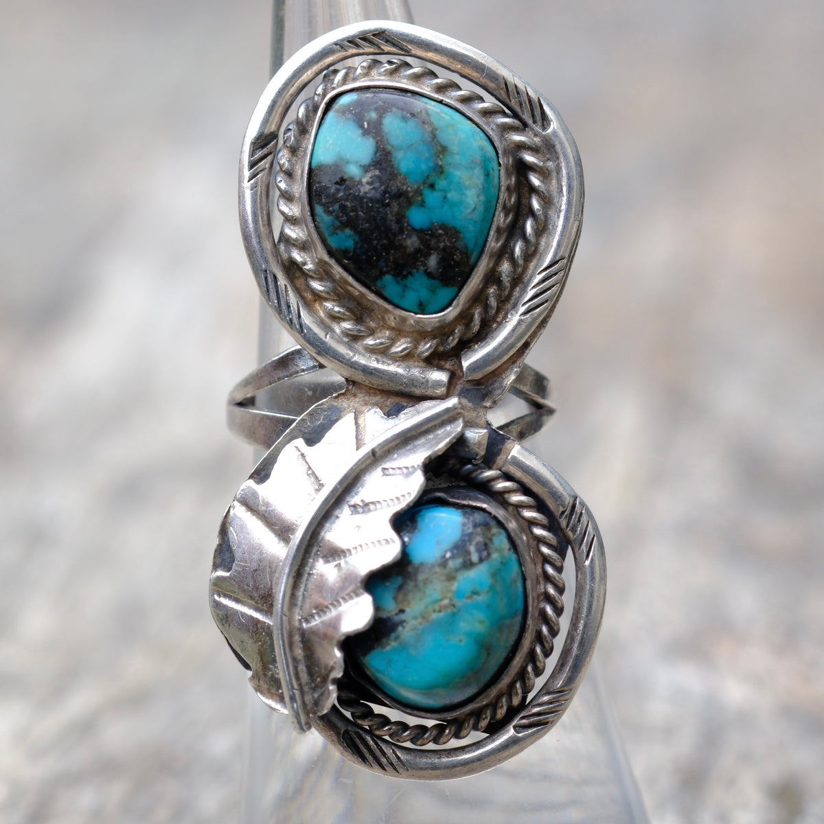 Vintage Sterling 2-Stone Turquoise Feather Ring 4.5