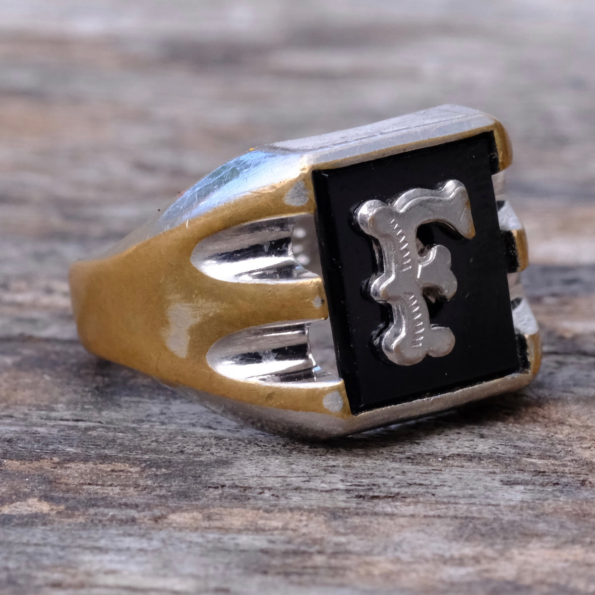 Vintage Brass and Silver F Initial Signet Ring 7
