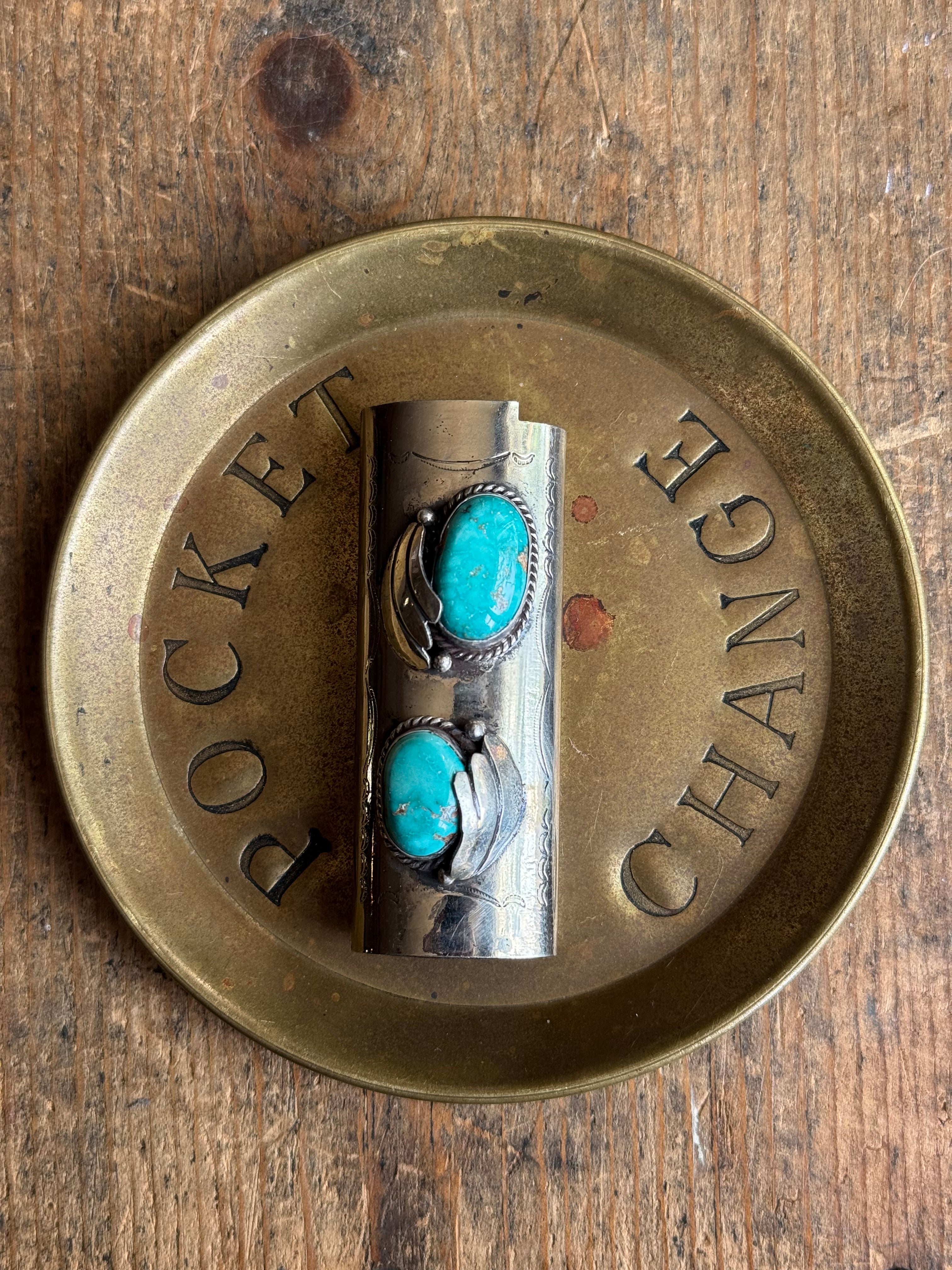 Vintage Stamped Nickel & Sterling Silver Turquoise Lighter Case
