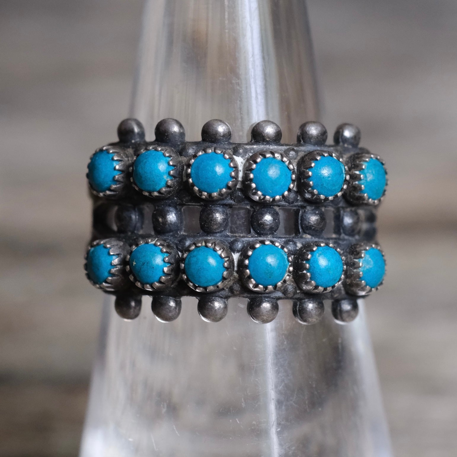 Vintage Sterling Snake Eye Turquoise Double Row Ring 6.25