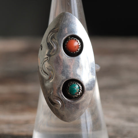 Vintage Sterling Turquoise and Coral Shadowbox Ring 6.75